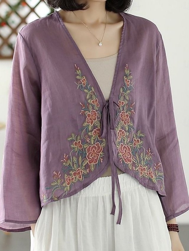 Casual Loose Plain V Neck Long Sleeve Embroidered Shirt - Image 1