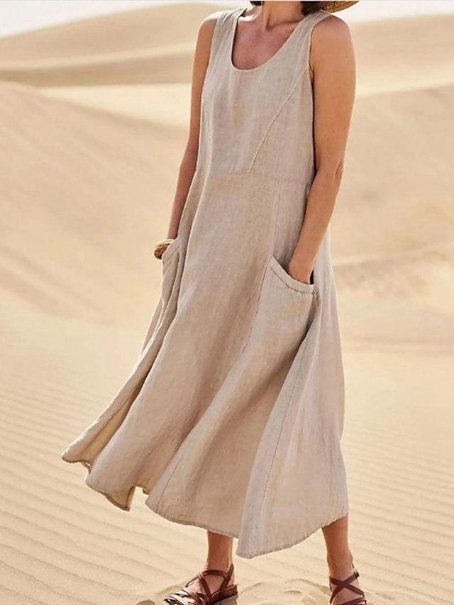Casual Loose Pocket Crew Neck Sleeveless Midi Shift Dress - Image 2