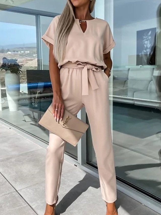 Casual Loose Solid Crew Neck Short Sleeve Jumpsuit - Image 1