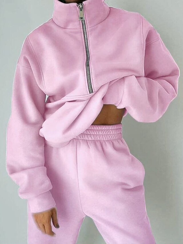 Casual Loose Solid Half Zip Long Sleeve Athleisure Tracksuit - Image 2