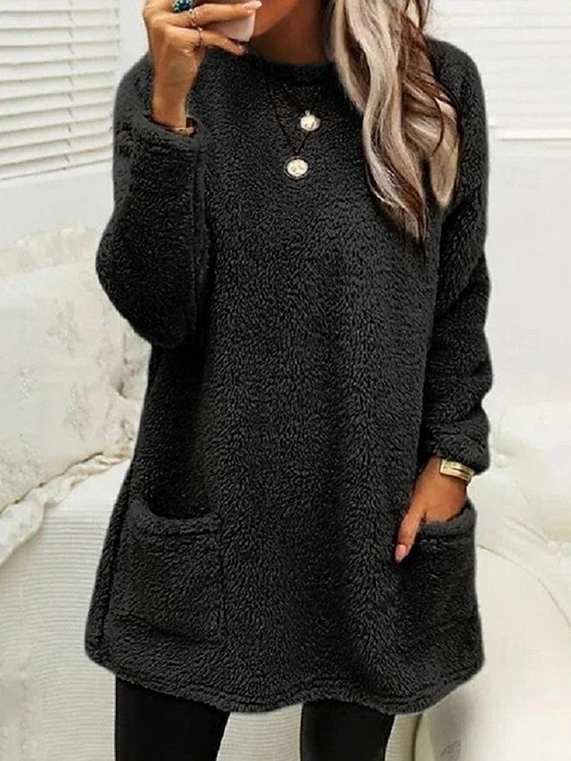 Casual Loose Solid Round Neck Long Sleeve Fleece Sweatshirt - Image 2