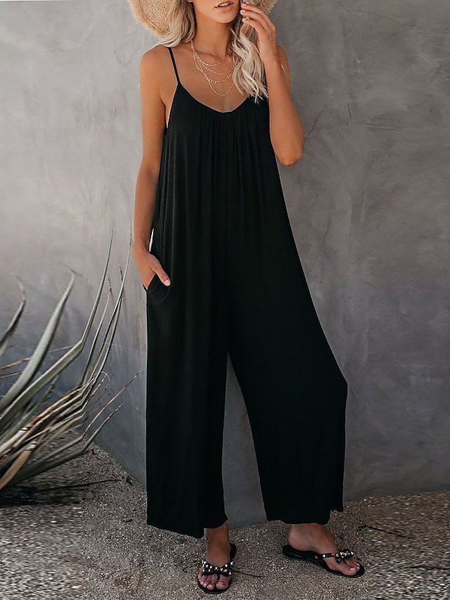 Casual Loose Solid V Neck Spaghetti Strap Wide Leg Jumpsuit - Image 1