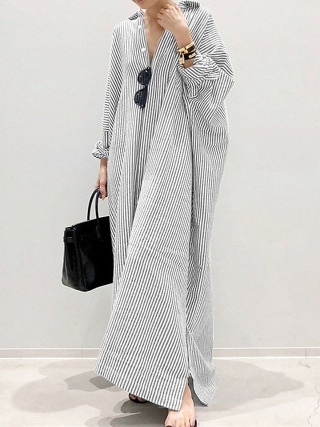 Casual Loose Striped Shirt Collar Long Sleeve Maxi Dress - Image 1
