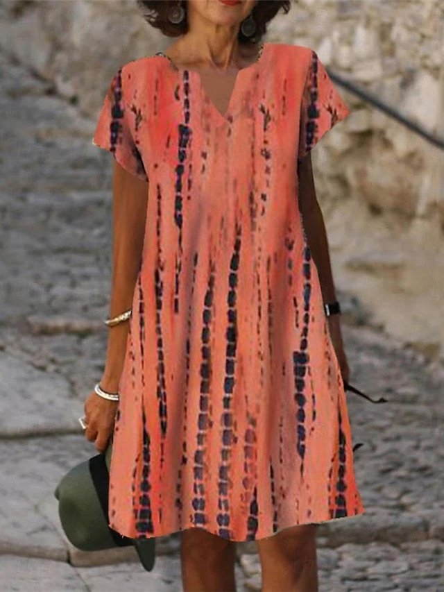 Casual Loose Tie Dye V Neck Short Sleeve Mini Dress - Image 1