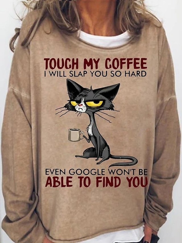 Casual Oversized Cat Print Round Neck Long Sleeve Top - Image 1