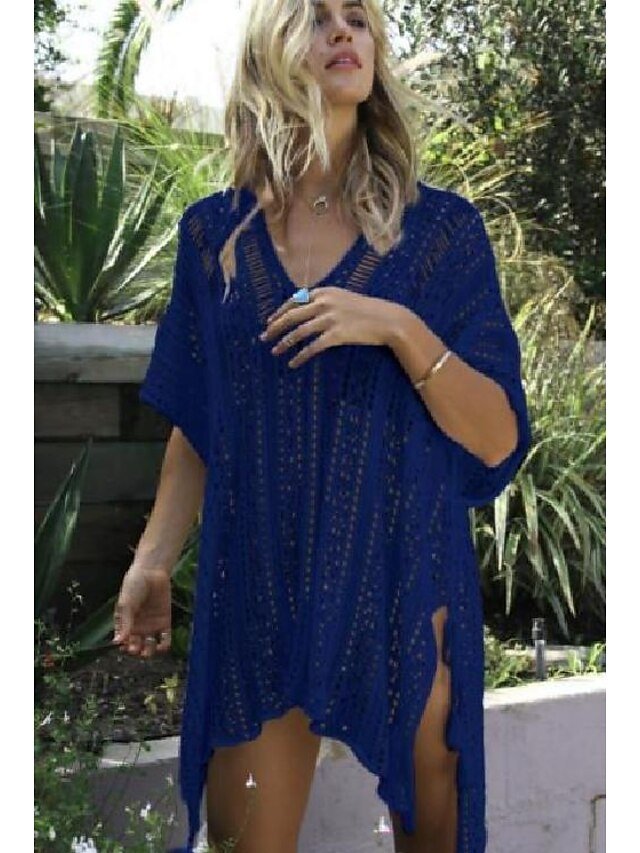 Casual Oversized Crochet Round Neck Short Sleeve Beach Dress - Image 2