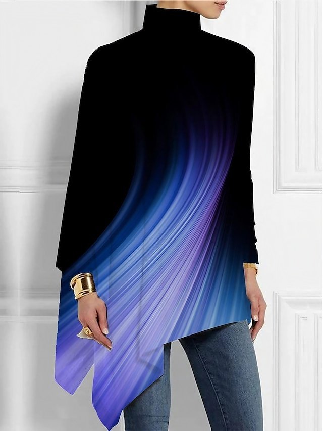 Casual Plus Size Basic Print Turtleneck Long Sleeve Regular Top - Image 1