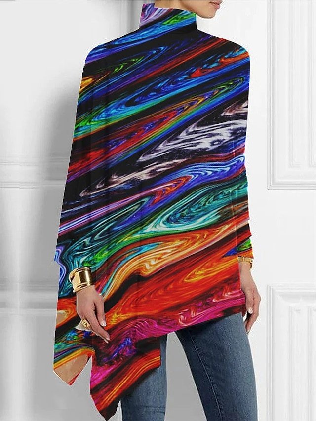 Casual Plus Size Basic Print Turtleneck Long Sleeve Regular Top - Image 2