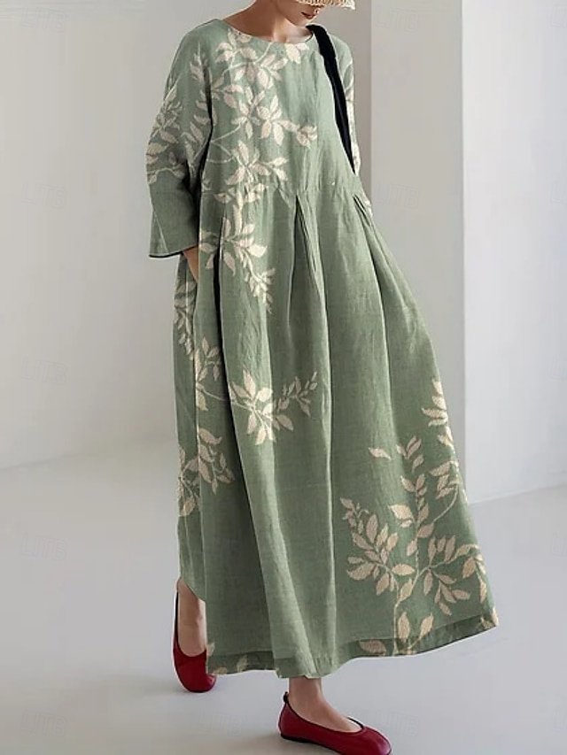 Casual Regular Fit Floral Crew Neck 3/4 Sleeve Maxi Dress - Image 1