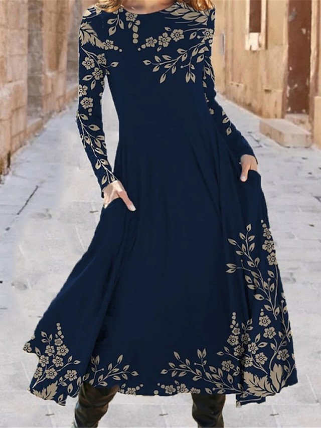 Casual Regular Fit Floral Crew Neck Long Sleeve Midi Dress - Image 1