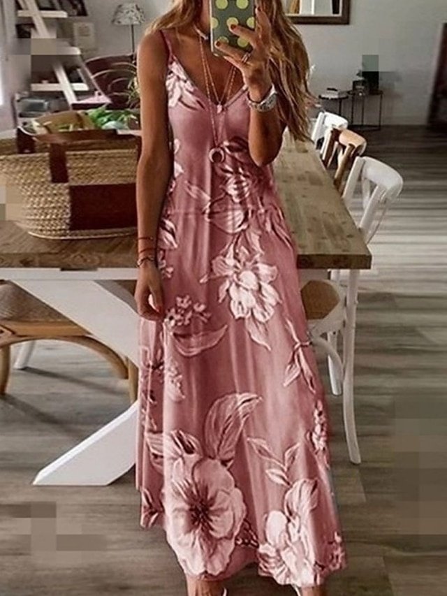 Casual Regular Fit Floral V Neck Sleeveless Maxi Dress - Image 1