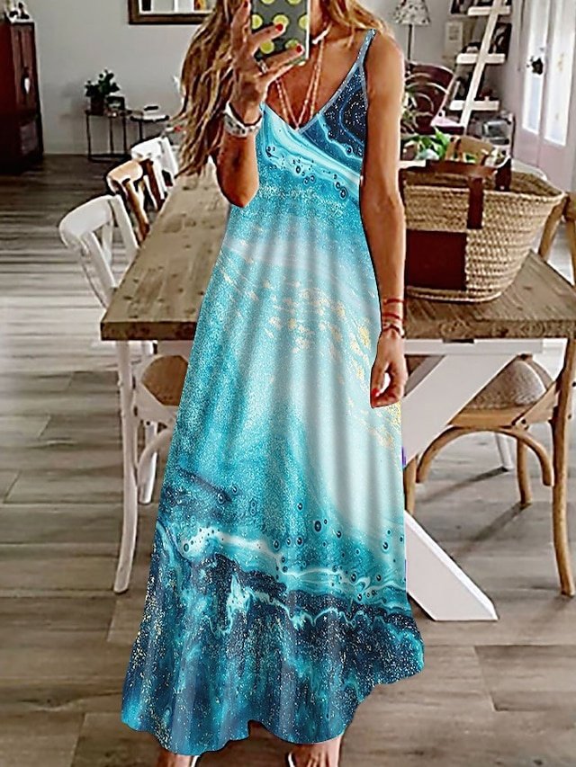 Casual Regular Fit Marble V Neck Sleeveless Maxi Dress - Image 2