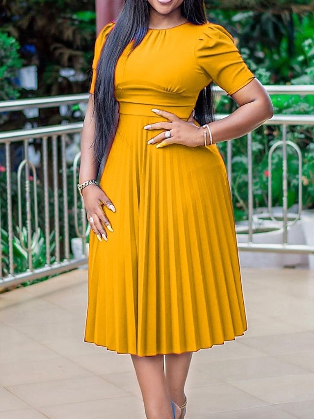 Casual Regular Fit Pure Colour Crew Neck Short Sleeve Midi Dress - Image 1