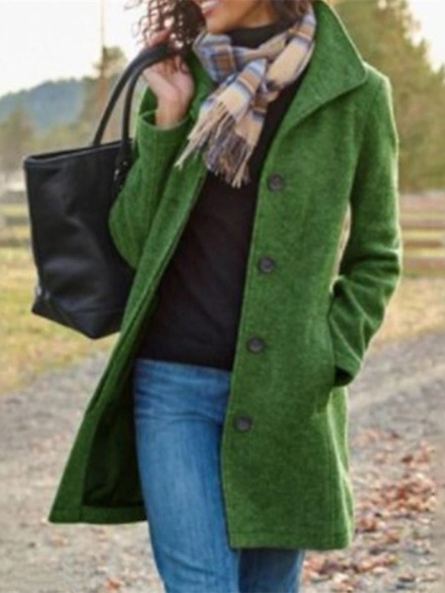 Casual Regular Fit Smocked Turndown Long Sleeve Wool Pea Coat - Image 1