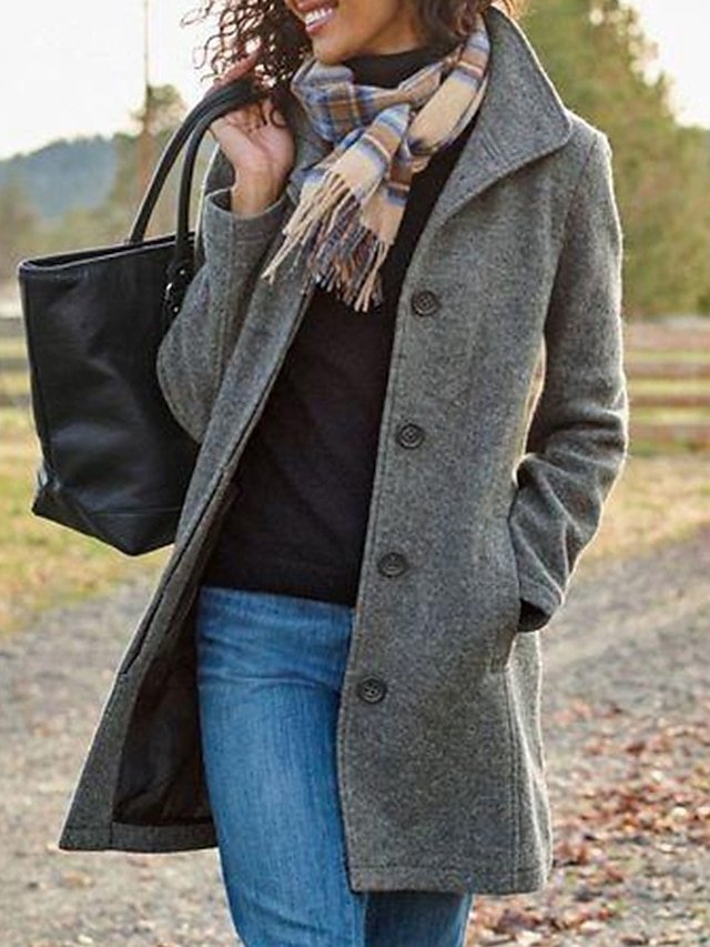 Casual Regular Fit Smocked Turndown Long Sleeve Wool Pea Coat - Image 2