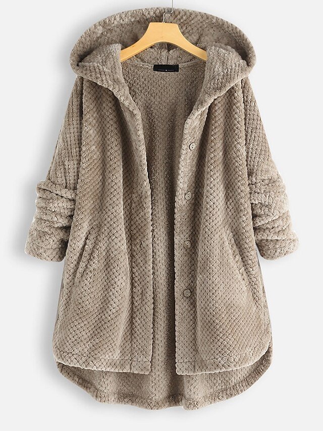 Casual Regular Fit Solid Colour Hooded Long Sleeve Long Teddy Coat - Image 2