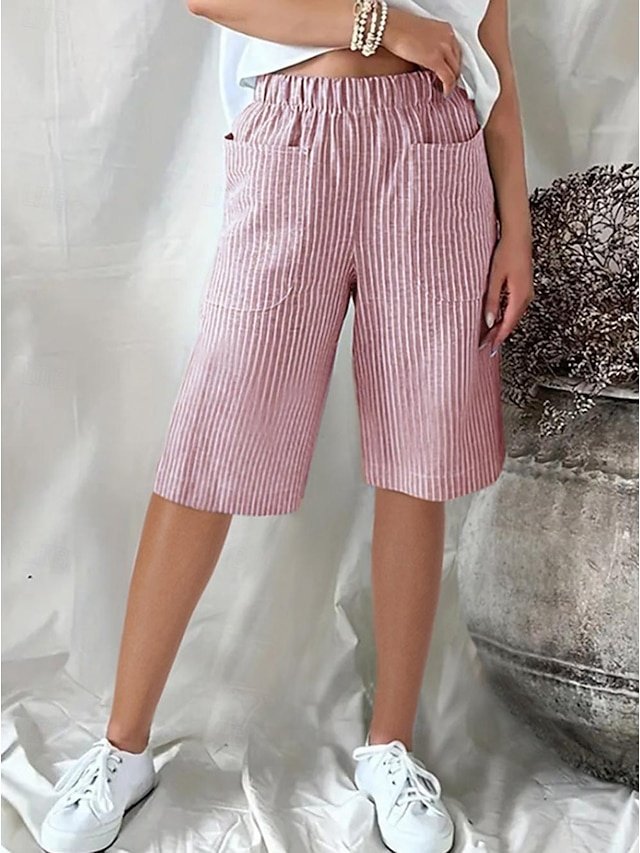 Casual Regular Fit Striped Elastic Waistband Knee Length Shorts - Image 1