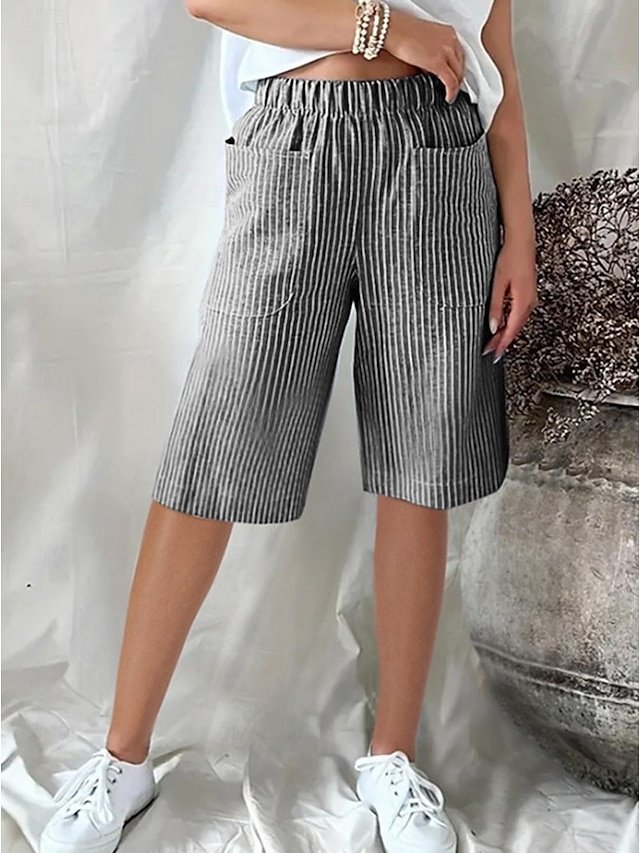 Casual Regular Fit Striped Elastic Waistband Knee Length Shorts - Image 3