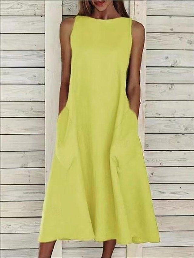 Casual Regular Fit White Round Neck Sleeveless Midi Dress - Image 2