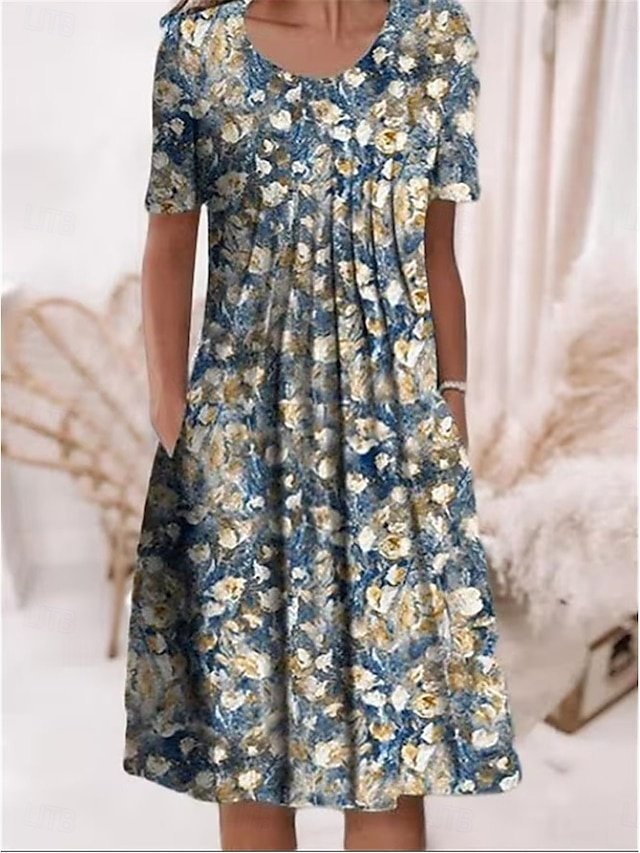 Casual Regular Floral Crew Neck Short Sleeve Midi Dress - Image 1