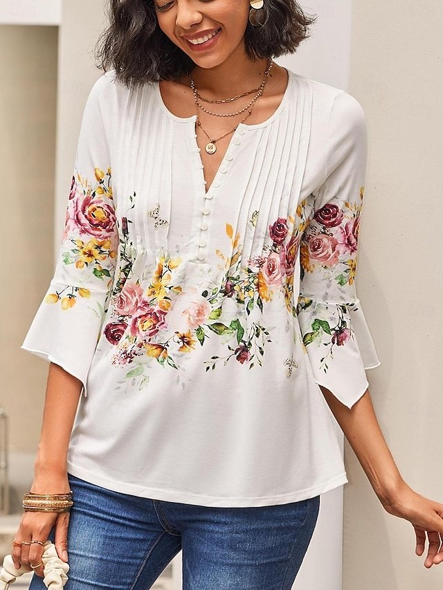 Casual Regular Floral Round Neck 3/4 Sleeve Tops - Image 2