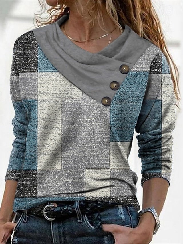 Casual Regular Geometric Pile Neck V Neck Long Sleeve Tops - Image 1