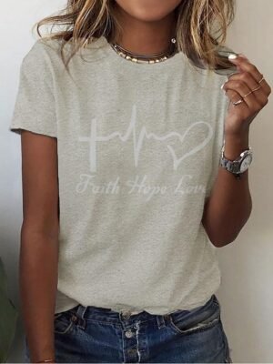 Casual Regular Heart Letter Round Neck Short Sleeve Tops - Image 11