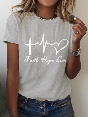 Casual Regular Heart Letter Round Neck Short Sleeve Tops - Image 13