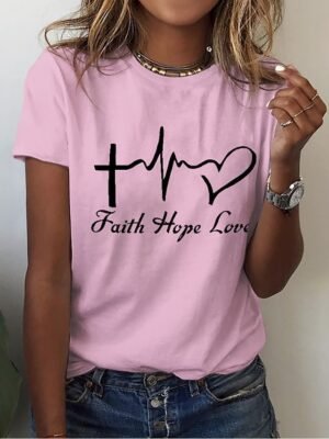 Casual Regular Heart Letter Round Neck Short Sleeve Tops - Image 8