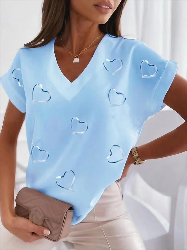 Casual Regular Heart Print V Neck Dolman Short Sleeve Top - Image 1