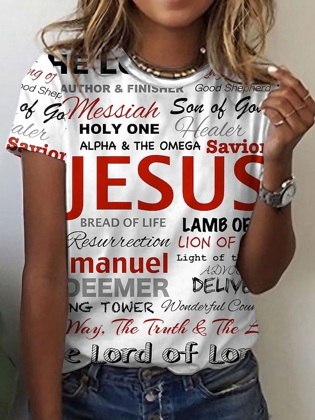 Casual Regular Letter Print Round Neck Short Sleeve Tops - Image 1