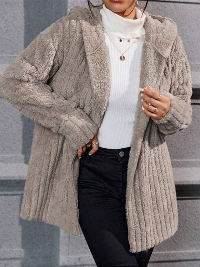 Casual Regular Plain Open Front Long Sleeve Fleece Jacket - Image 1