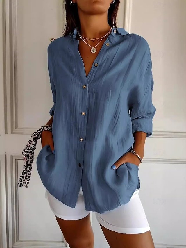 Casual Regular Solid Colour Shirt Collar Long Sleeve Bishop Sleeve Blouse - Image 1