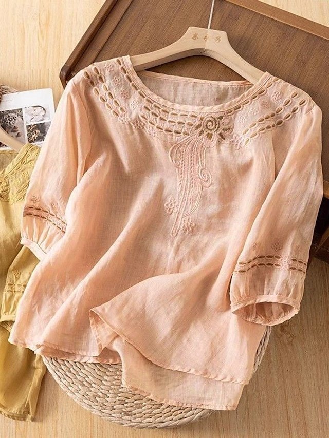 Casual Regular Solid Crew Neck 3/4 Sleeve Summer Blouse - Image 1