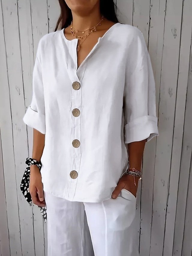Casual Regular Solid V Neck 3/4 Sleeve Shirt - Image 1