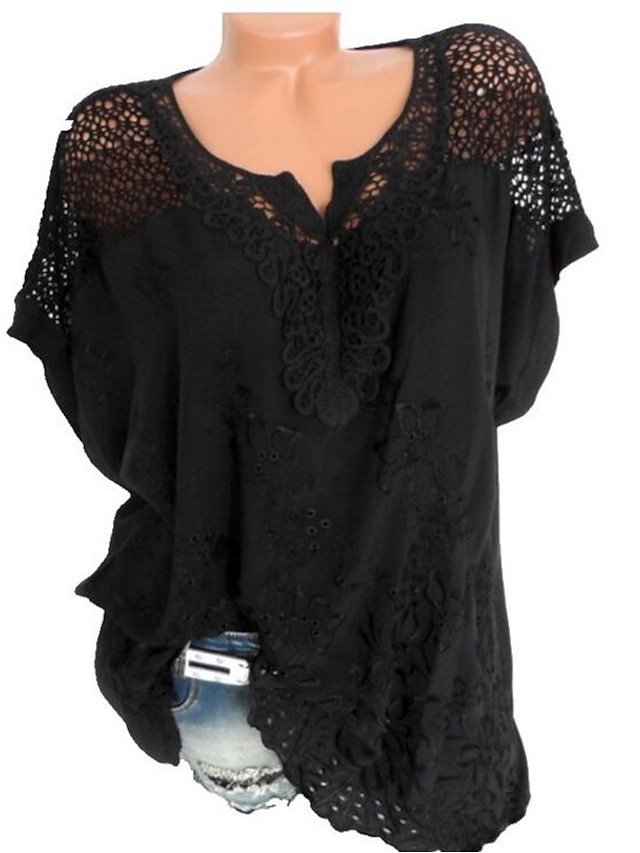 Casual Regular Solid V Neck Half Sleeve White Lace Blouse - Image 2