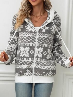 Casual Relaxed Snowflake Print Hooded Long Sleeve Full-Zip Jacket - Image 1