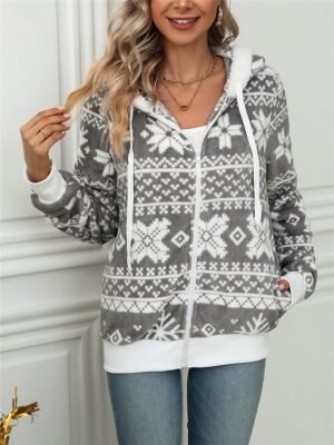 Casual Relaxed Snowflake Print Hooded Long Sleeve Full-Zip Jacket - Image 5