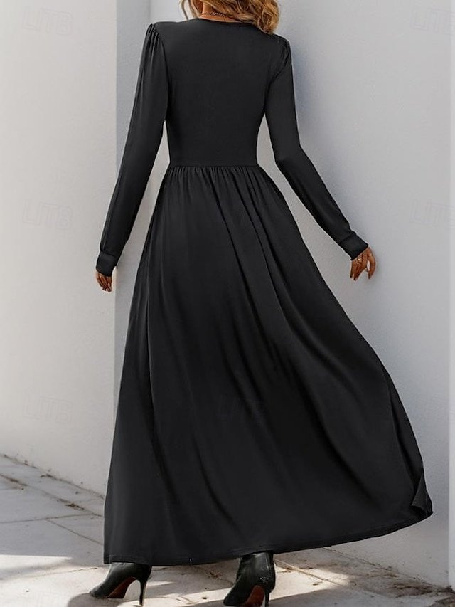 Casual Ruched Lace V Neck Long Sleeve Maxi Dress - Image 2