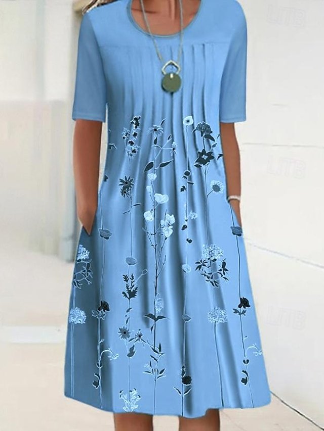 Casual Shift Floral Crew Neck Short Sleeve Midi Dress - Image 1
