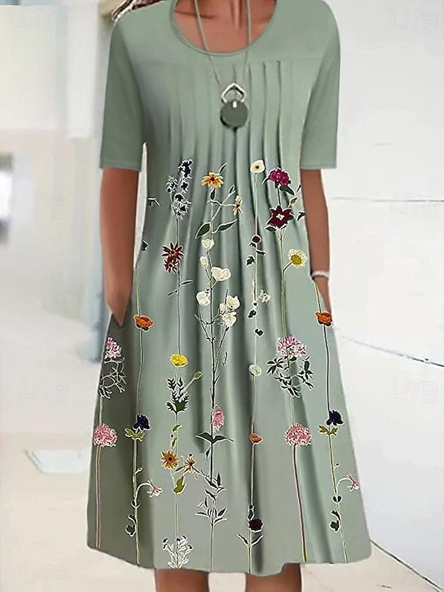 Casual Shift Floral Crew Neck Short Sleeve Midi Dress - Image 2