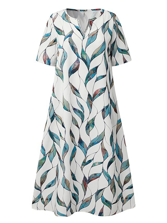 Casual Shift Leaf Print V Neck Half Sleeve Midi Dress - Image 2