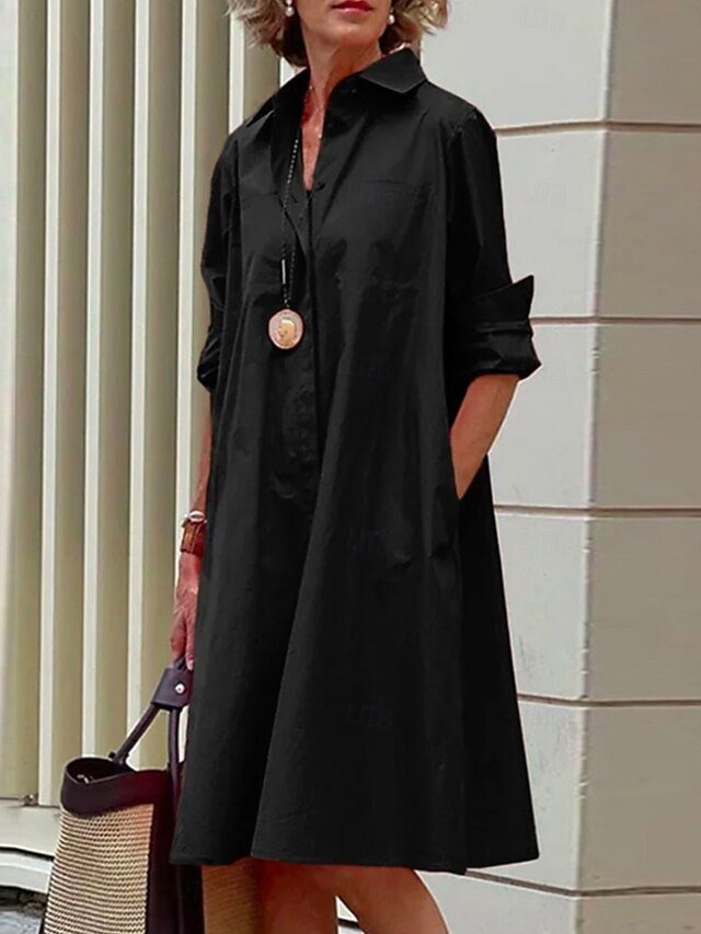 Casual Shift Pure Colour Shirt Collar Long Sleeve Midi Dress - Image 1