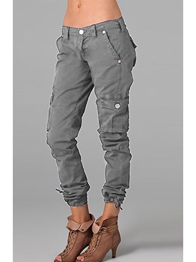 Casual Slim Solid Mid Waist Full Length Cargo Pants - Image 1
