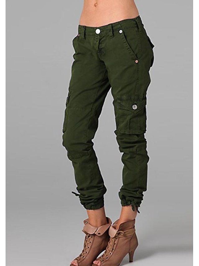Casual Slim Solid Mid Waist Full Length Cargo Pants - Image 2