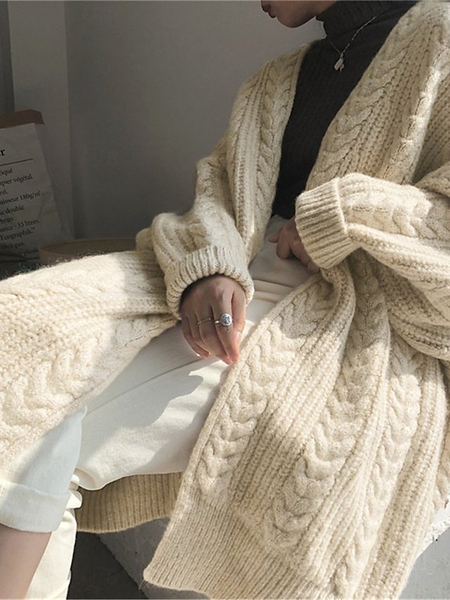 Casual Soft Pure Colour Open Front Long Sleeve Long Knitted Cardigan - Image 1