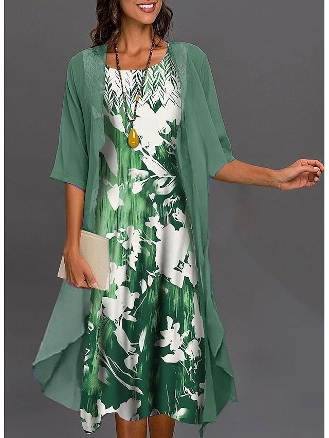 Casual Two Piece Floral U Neck Half Sleeve Midi Dress - Image 1