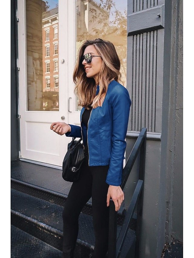 Chic Slim Solid Faux Fur Trim Long Sleeve Faux Leather Jacket - Image 1