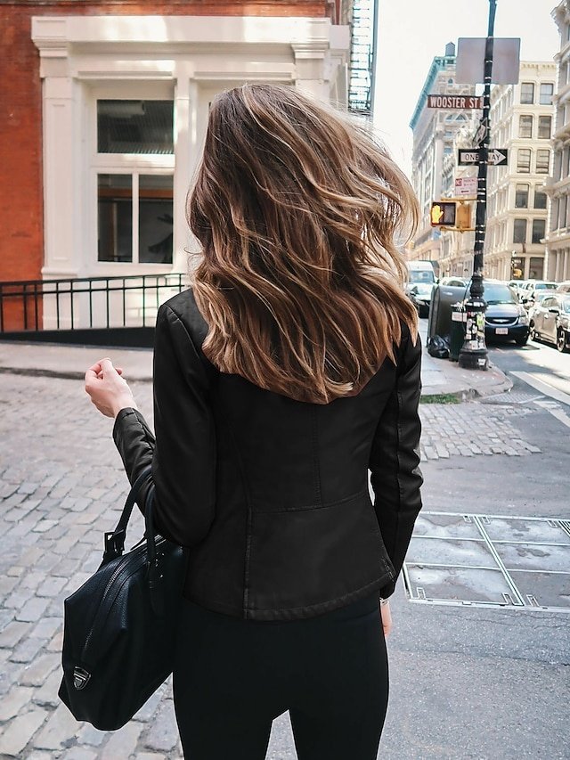 Chic Slim Solid Faux Fur Trim Long Sleeve Faux Leather Jacket - Image 2