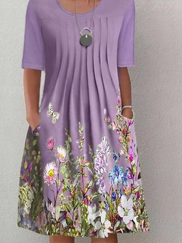 Classic Casual Floral Ruched Crew Neck Short Sleeve Midi Dress - Image 2